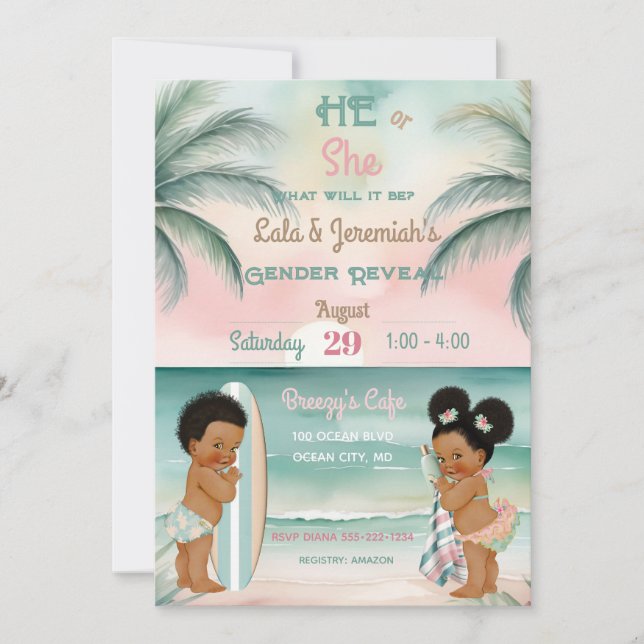 Invitation Plage tropicale Bébé Sexe Révéler Sage de broussai (Devant)
