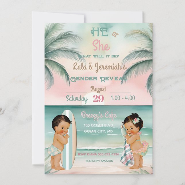 Invitation Plage tropicale Bébé Sexe Révéler Sage de broussai (Devant)