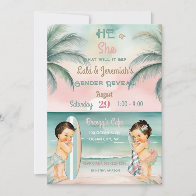 Invitation Plage tropicale Bébé Sexe Révéler Sage de broussai (Devant)