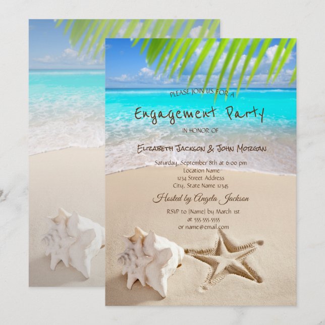 Invitation Plage tropicale, Bord de mer, Fiançailles de coqui (Devant / Derrière)