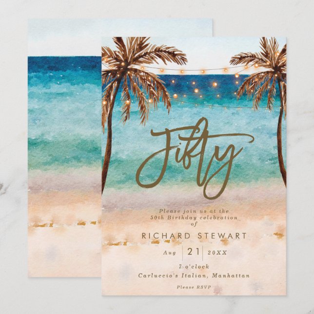 Invitation plage tropicale été 50e anniversaire (Devant / Derrière)