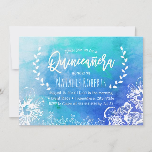 Invitation Plage tropicale Floral Bleu Aquarelle Quinceanera (Devant)