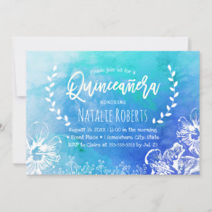 Invitation Plage tropicale Floral Bleu Aquarelle Quinceanera