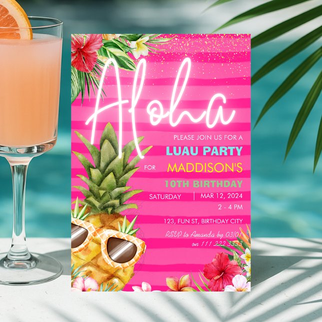 Invitation Plage tropicale Luau Pineapple Beach Rose Girl Ann (Tropical Luau Pineapple Beach Pink Girl Birthday Invitation)