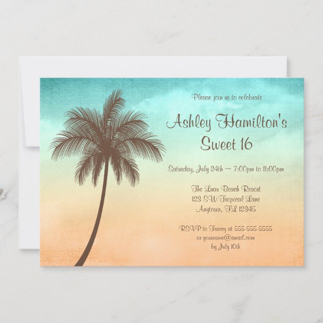 Invitation Plage tropicale Palm Tree Sweet 16 (Devant)