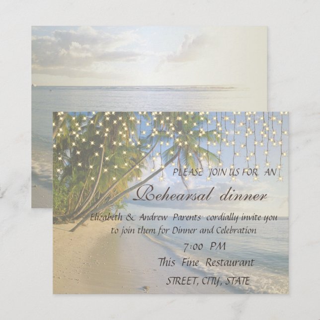 Invitation Plage tropicale, Palmier, Luminaires à cordes Dîne (Devant / Derrière)