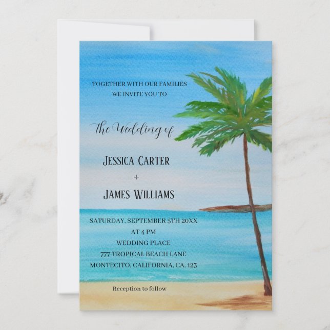 Invitation Plage tropicale Palmiers Destination Mariage (Devant)