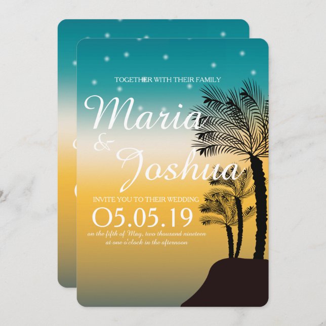 Invitation Plage tropicale Palmiers Starry Lights Mariage (Devant / Derrière)