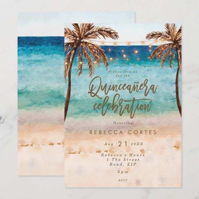 Invitation plage tropicale Quinceanera 15e anniversaire (Devant / Derrière)