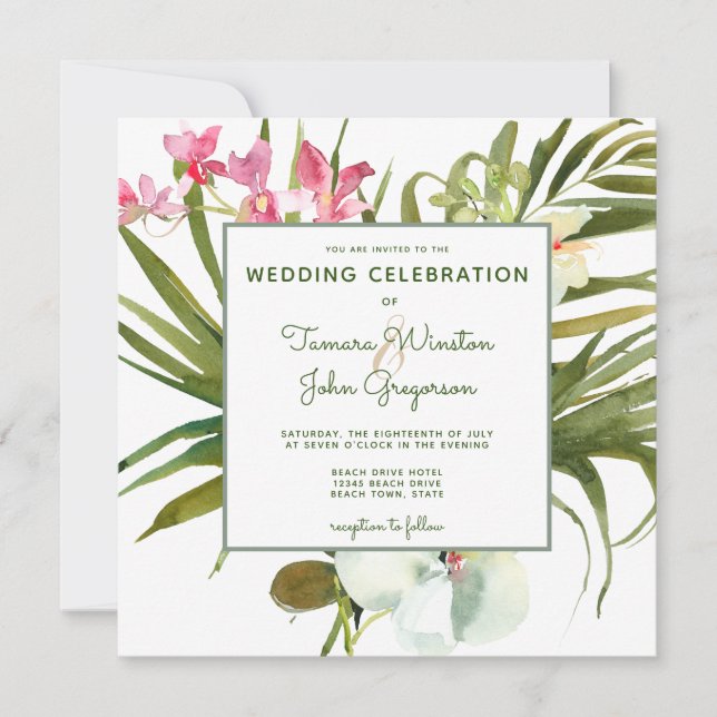 Invitation Plage tropicale Verdure rose Floral Orchidées Blan (Devant)