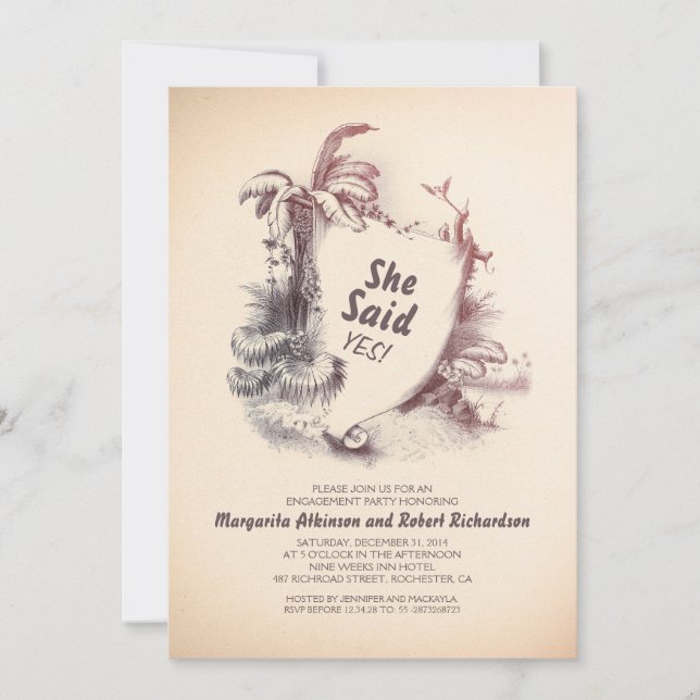 Invitation Plage tropicale vintage | Fêtes de fiançailles (Devant)