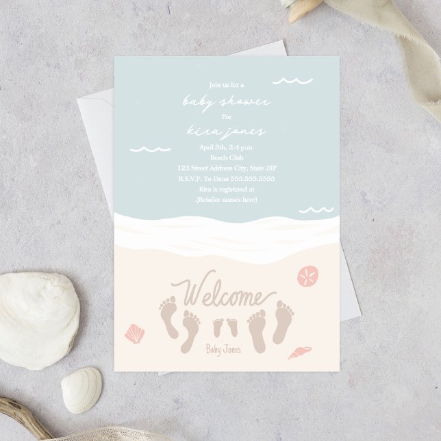 Invitation Plage Vagues Empreintes Baby shower fille rose (Créateur téléchargé)