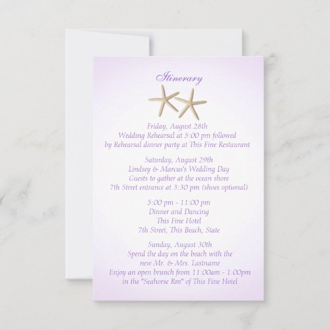 Invitation Plage violet Hydrangea Mariage Intinéraire (Devant)
