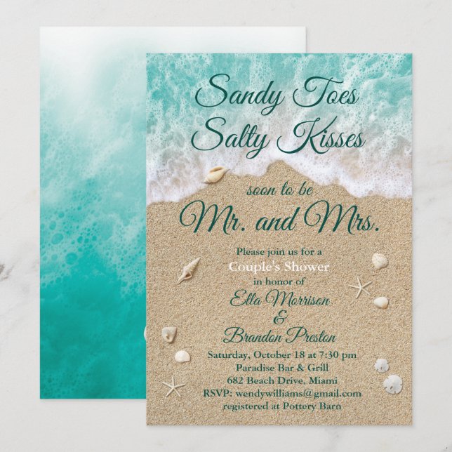 Invitation Plage Waves Sandy Toes Douche Couple (Devant / Derrière)
