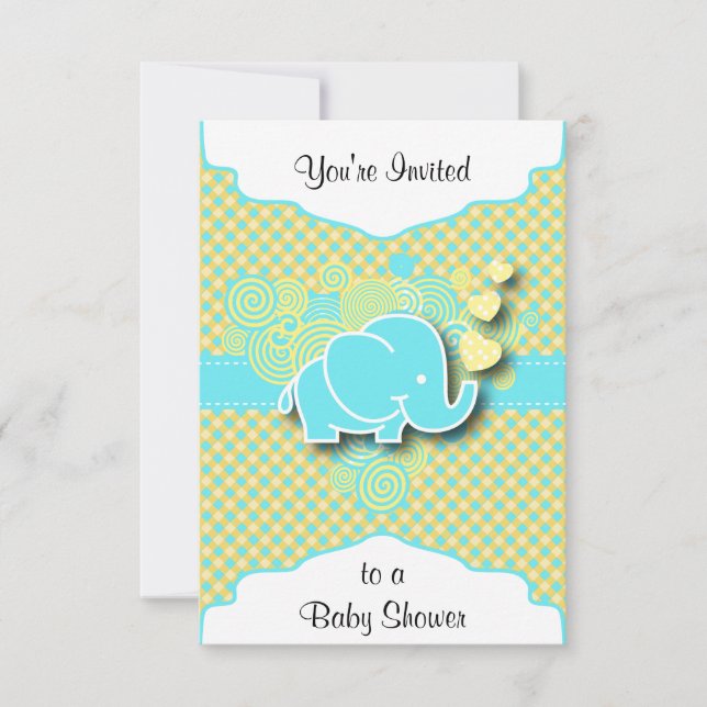 Invitation Plaid bleu et jaune avec éléphant bébé (Devant)