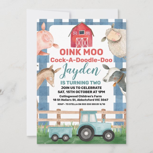 Invitation Plaid Bleu Et Tracteur Agritourisme Anniversaire I (Devant)