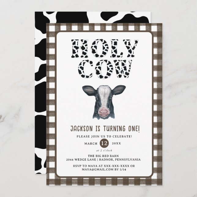 Invitation Plaid Boy Holy Cow First Birday (Devant / Derrière)