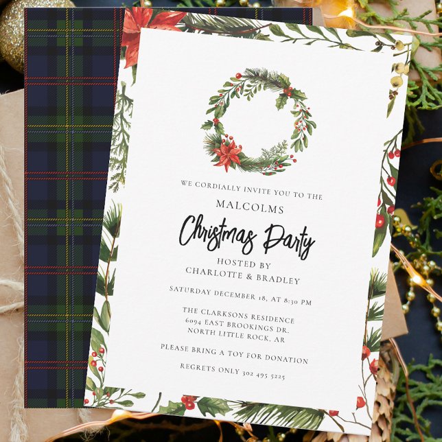 Invitation Plaid Floral Poinsettia fête de Noël Tartan (Rustic Plaid Christmas Party Malcolm Tartan Invitation)
