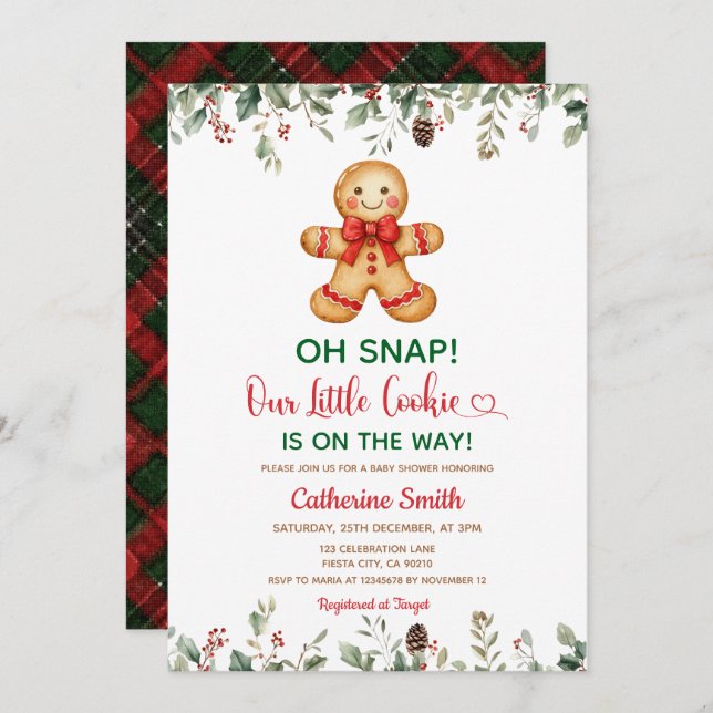 Invitation Plaid Gingerbread Classic Christmas Baby Shower  (Devant / Derrière)