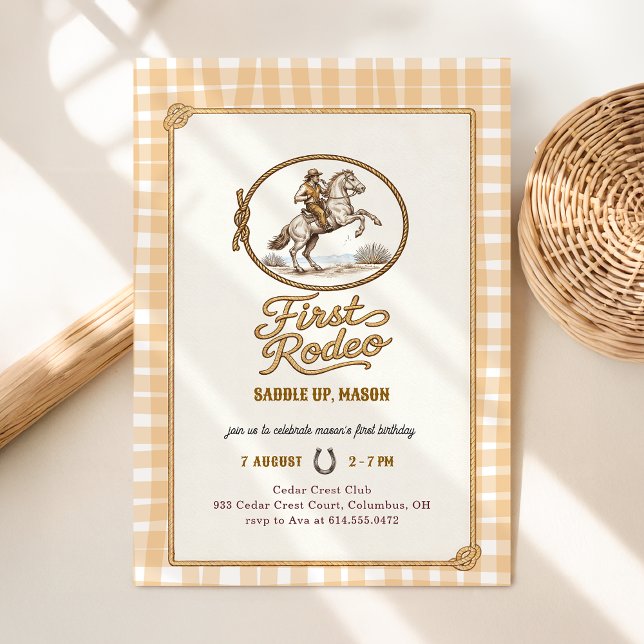Invitation Plaid Gingham Cowboy First Rodeo 1st Birthday (Créateur téléchargé)
