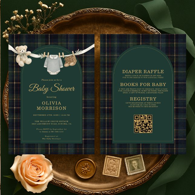 Invitation Plaid Green Teddy Bear All in One Baby Shower (Créateur téléchargé)