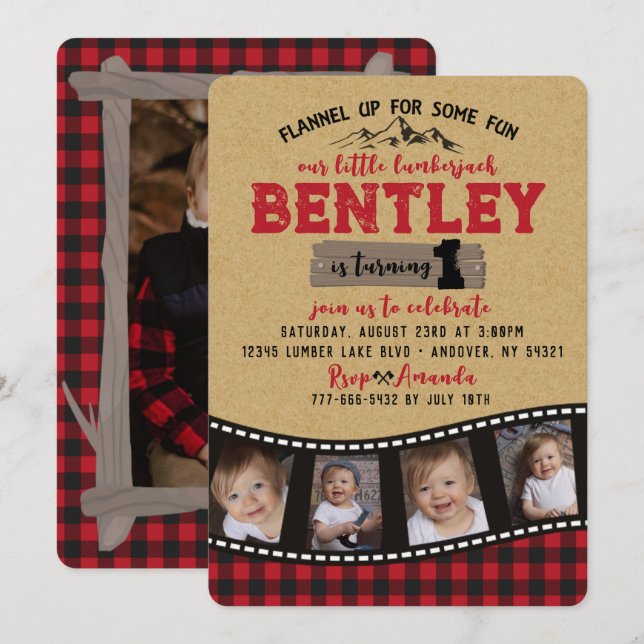 Invitation Plaid Lumberjack Filmstrip Multi Photo Anniversair (Devant / Derrière)