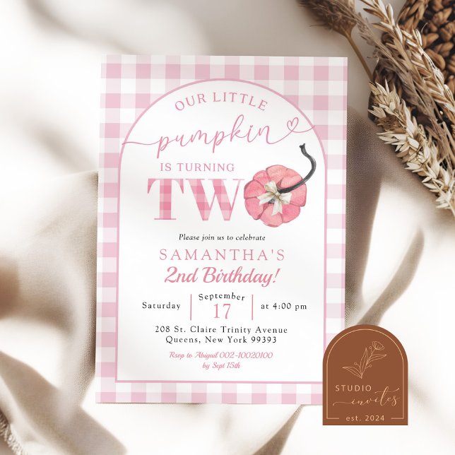 Invitation Plaid Pink Preppy Citrouille 2e anniversaire (Créateur téléchargé)