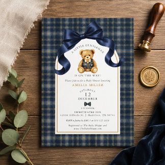 Invitation Plaid Polo Teddy Bear Little Gentleman Baby Shower