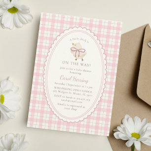 Invitation Plaid rose, petite fille poussin, Baby Shower
