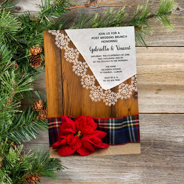 Invitation Plaid rustique de Noël avec poinsettia, brunch d'a (Set a festive tone for your December wedding with this wintery Save the Date Announcement Card.)
