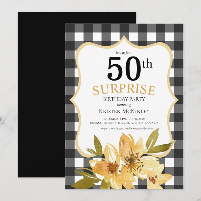Invitation Plaid Surprise 50e Anniversaire Floral Jaune Noir (Devant / Derrière)