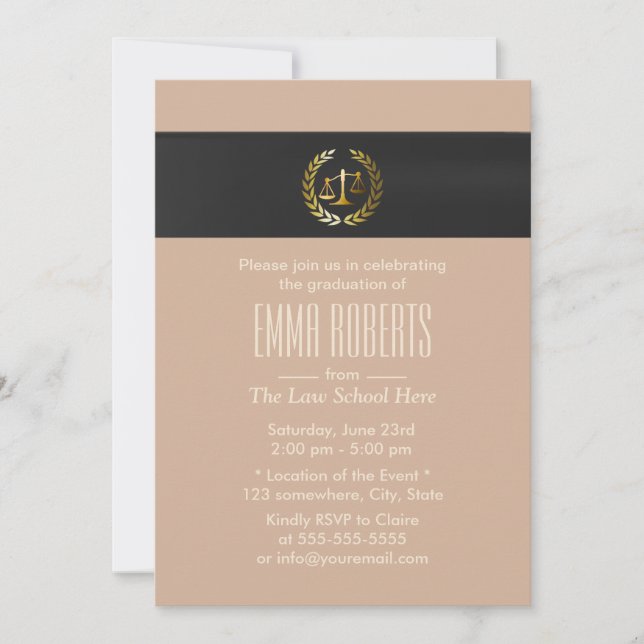 Invitation Plain Gold Justice Scale Law School Graduation (Devant)
