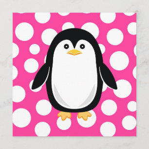 Invitation Plaisir à pois rose petit pingouin