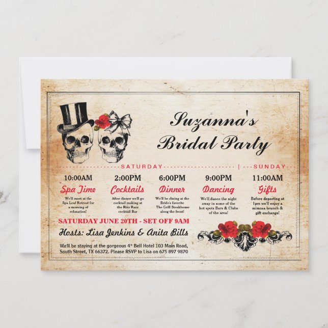 Invitation Plan de Fête de l'mariée des crânes de bachelorett (Devant)
