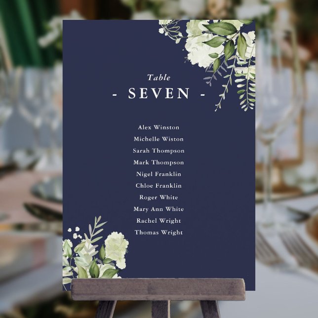 Invitation Plan de siège bleu de la Marine Numéro du tableau (Navy Blue Greenery Seating Plan Table Number)
