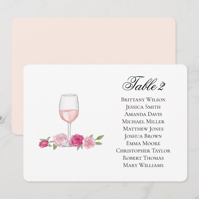Invitation Plan de table aux roses. Verre à vin. Fleurs de ma (Devant / Derrière)