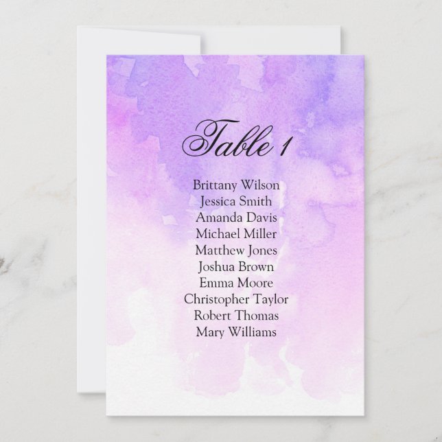 Invitation Plan de table de mariage à l'aquarelle. Rose et vi (Devant)
