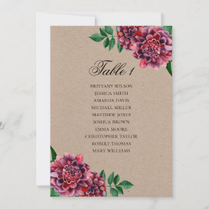 Invitation Plan de table de mariage Bourgogne. Dahlia rustiqu