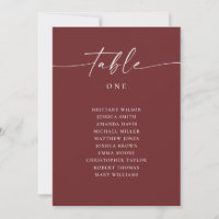 Plan de table de mariage Rouge vin profond. Écritu