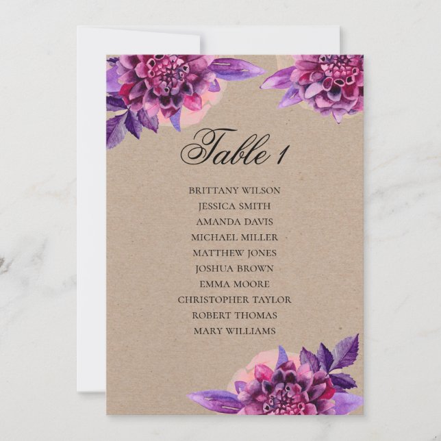 Invitation Plan de table de mariage violet. Plan kraft floral (Devant)