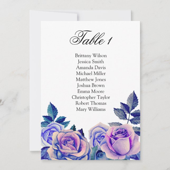 Invitation Plan de table des roses bleues et violettes. Plan  (Devant)