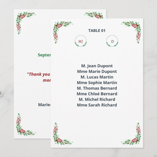 Invitation Plan de table individuel Chic (Devant / Derrière)