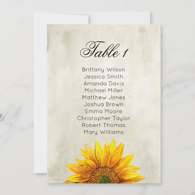 Invitation Plan de table tournesol. Plan de table de mariage  (Devant)