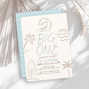 Invitation Planche de surf Big One Doodle Blue Boy 1er Annive