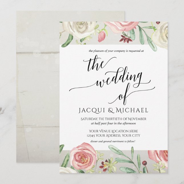 Invitation Planche en bois de roses florales d'Ivoire Blush p (Devant / Derrière)