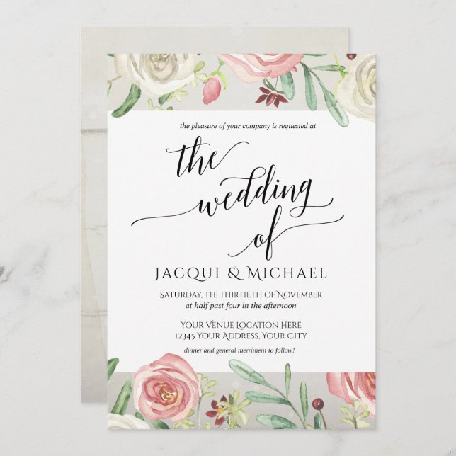 Invitation Planche en bois d'ivoire Blush Mariage Rose (Devant / Derrière)