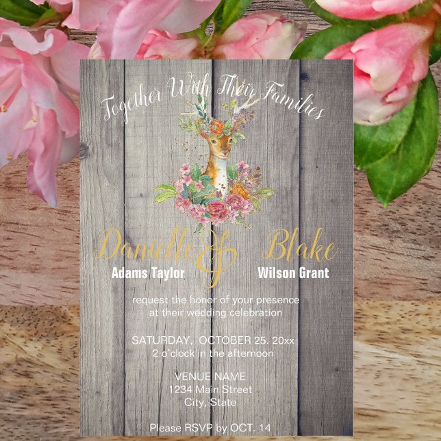 Invitation Planches Rustiques, Tête de Cerf Florale Feuille d (Créateur téléchargé)