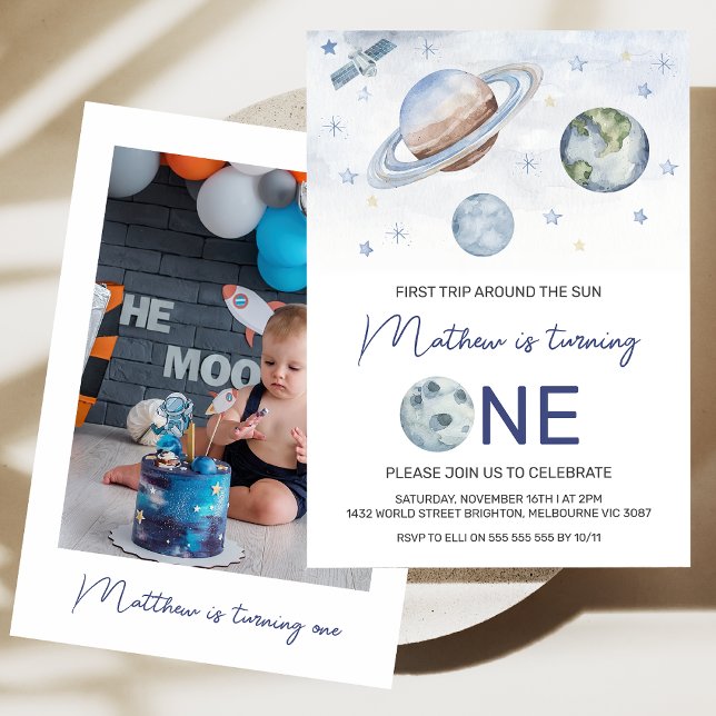 Invitation Planète Photo 1er voyage autour du soleil Annivers (Simple Planets Photo First Trip Around the Sun 1st Birthday Invitation, 1st trip Around the Sun )