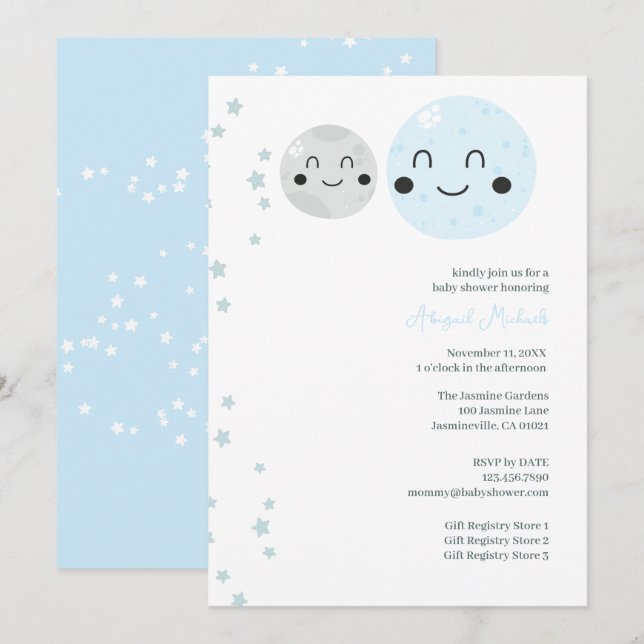 Invitation Planètes Bleues et Grises Bébé Fille Douche (Devant / Derrière)