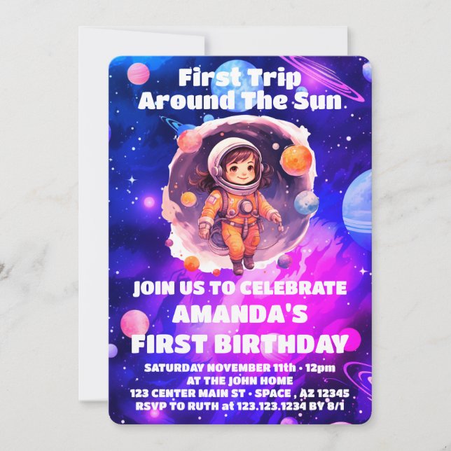Invitation Planètes de l'espace extérieur rose fille premier  (Devant)